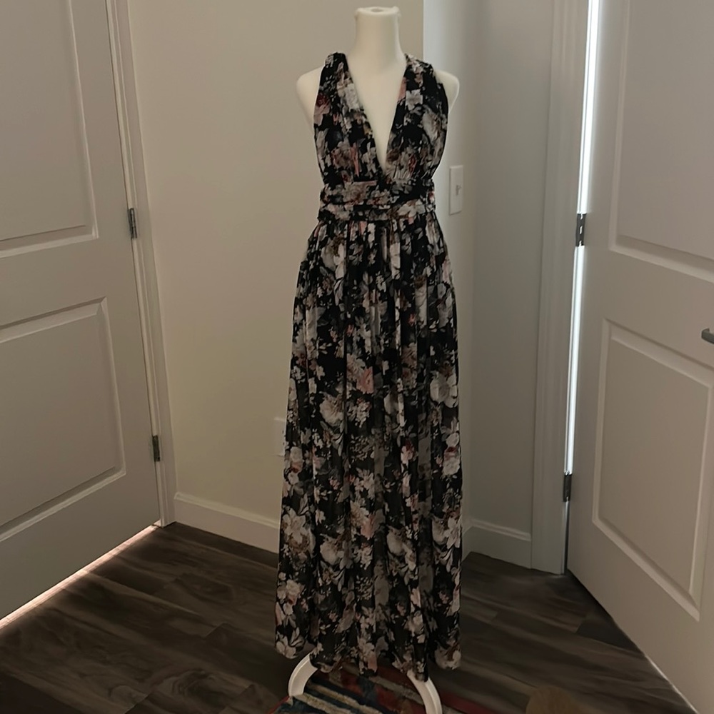 Solemio black floral maxi dress, size small